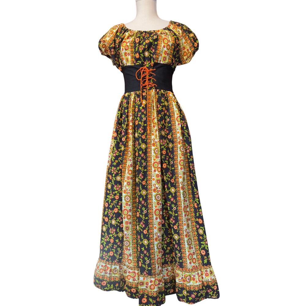 1960s 1970s Peasant Corset Tie Psychedelic Floral Maxi Dress Medium